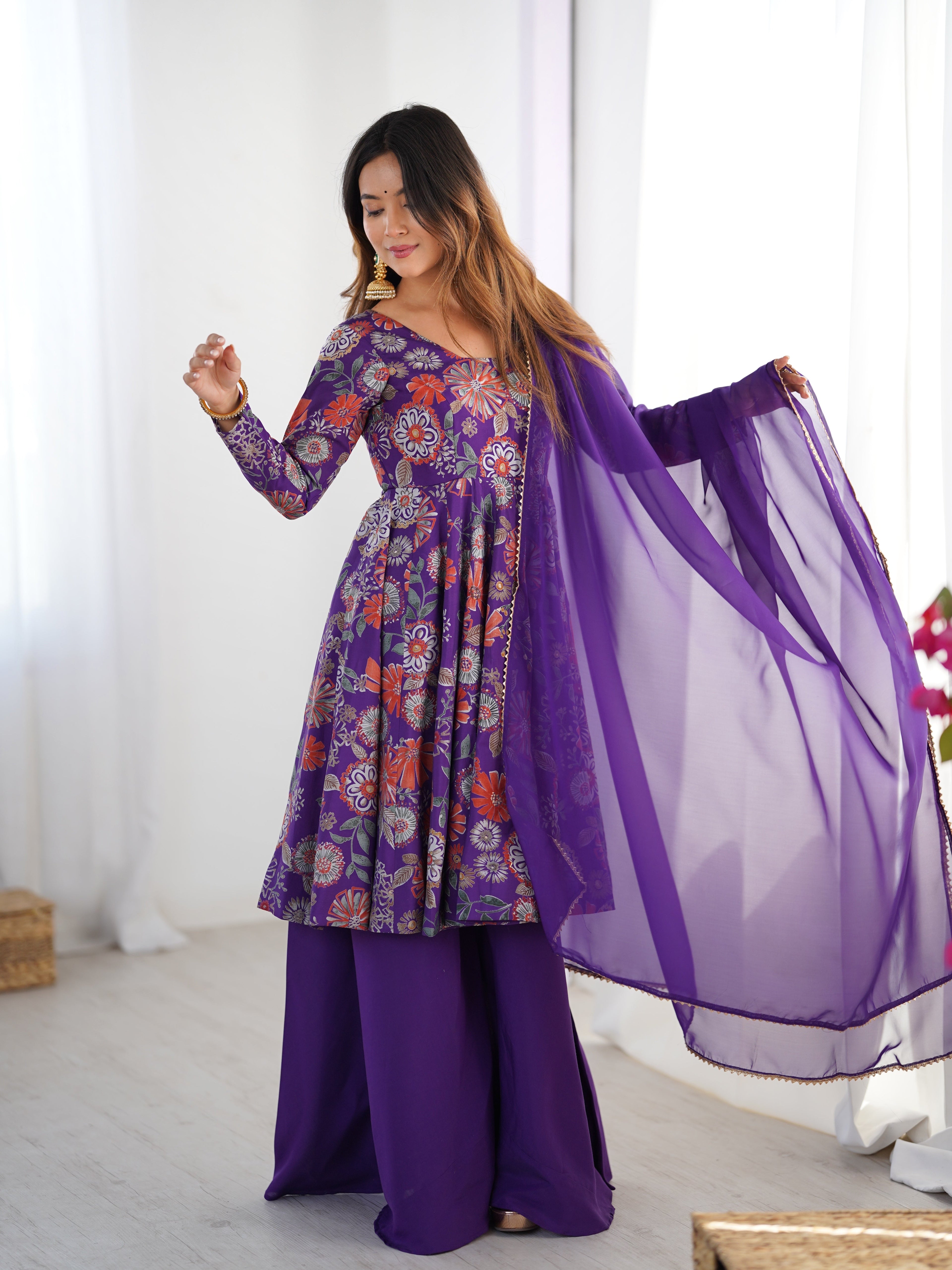 Exquisite Pure Soft Roman Silk Kediya Kurta Palazzo Set - ETHNICDEAL
