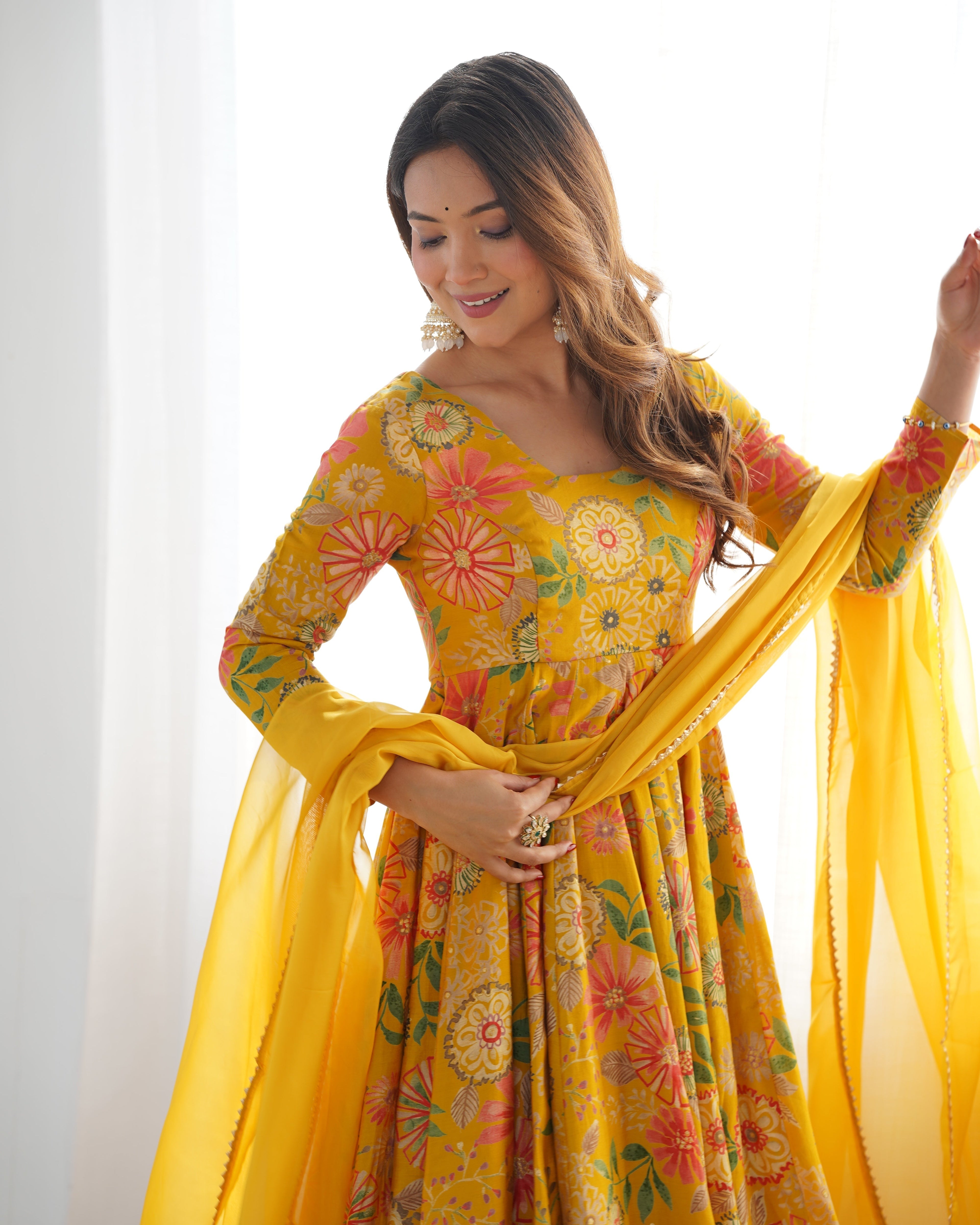 Yellow Pure Soft Roman Silk Kediya Kurta Palazzo Set - Ethnicwish