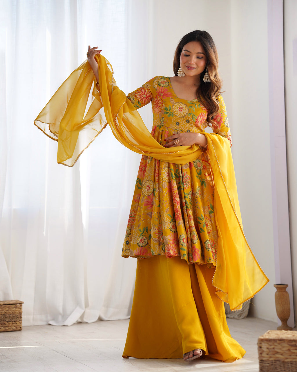 Yellow Pure Soft Roman Silk Kediya Kurta Palazzo Set - Ethnicwish
