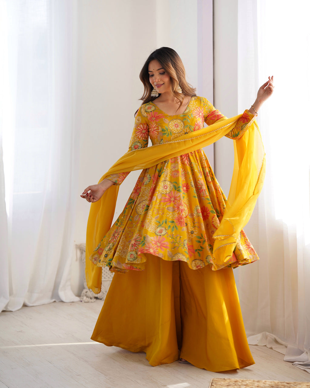 Yellow Pure Soft Roman Silk Kediya Kurta Palazzo Set - Ethnicwish