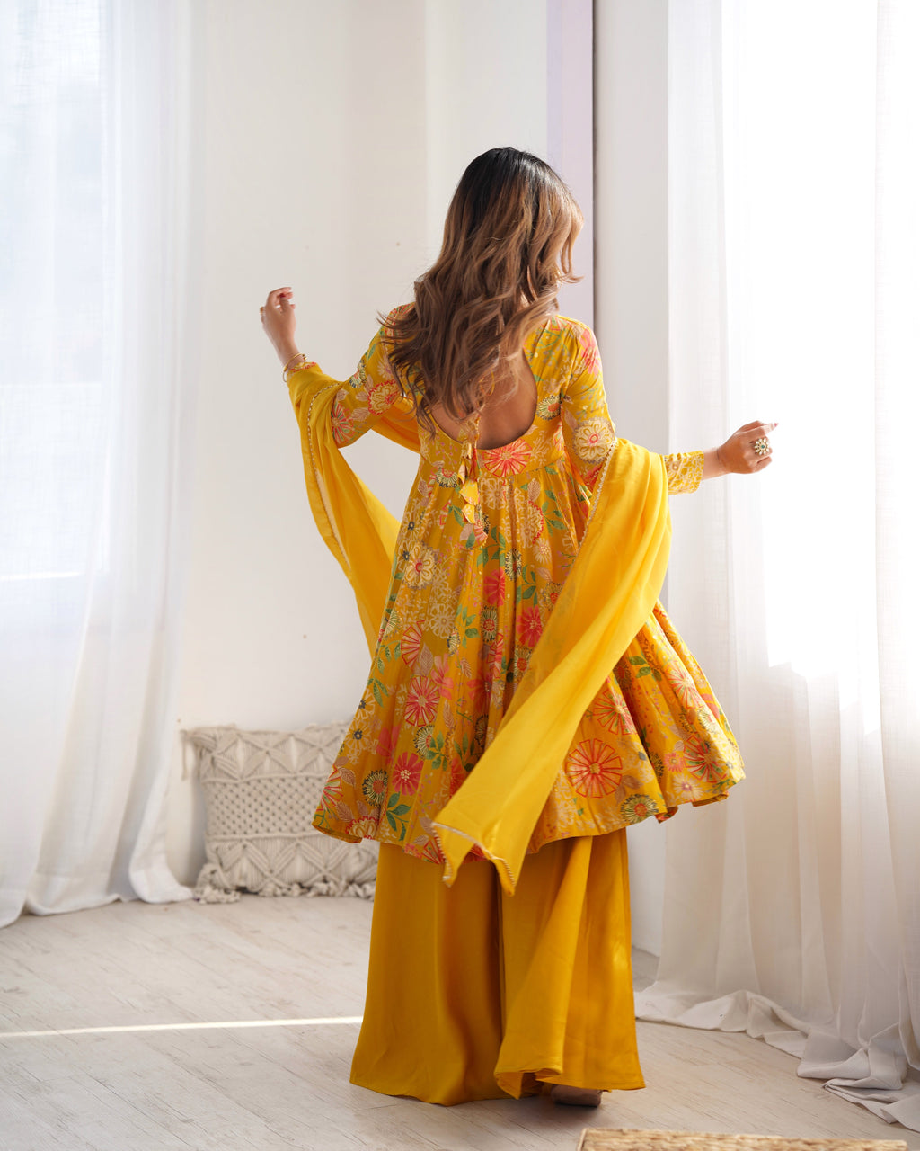 Yellow Pure Soft Roman Silk Kediya Kurta Palazzo Set - Ethnicwish