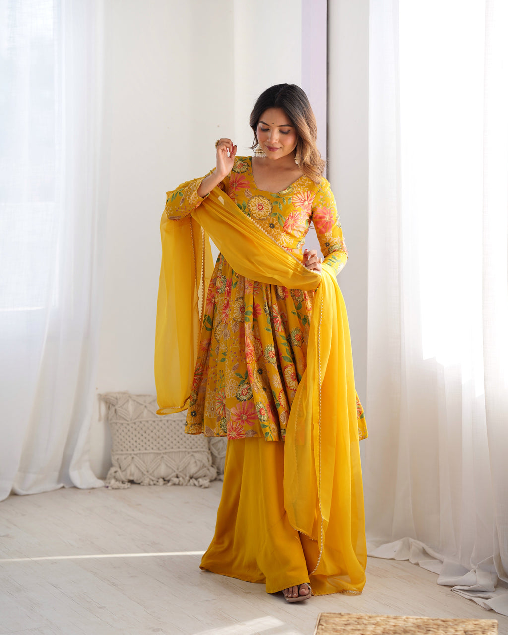 Yellow Pure Soft Roman Silk Kediya Kurta Palazzo Set - Ethnicwish