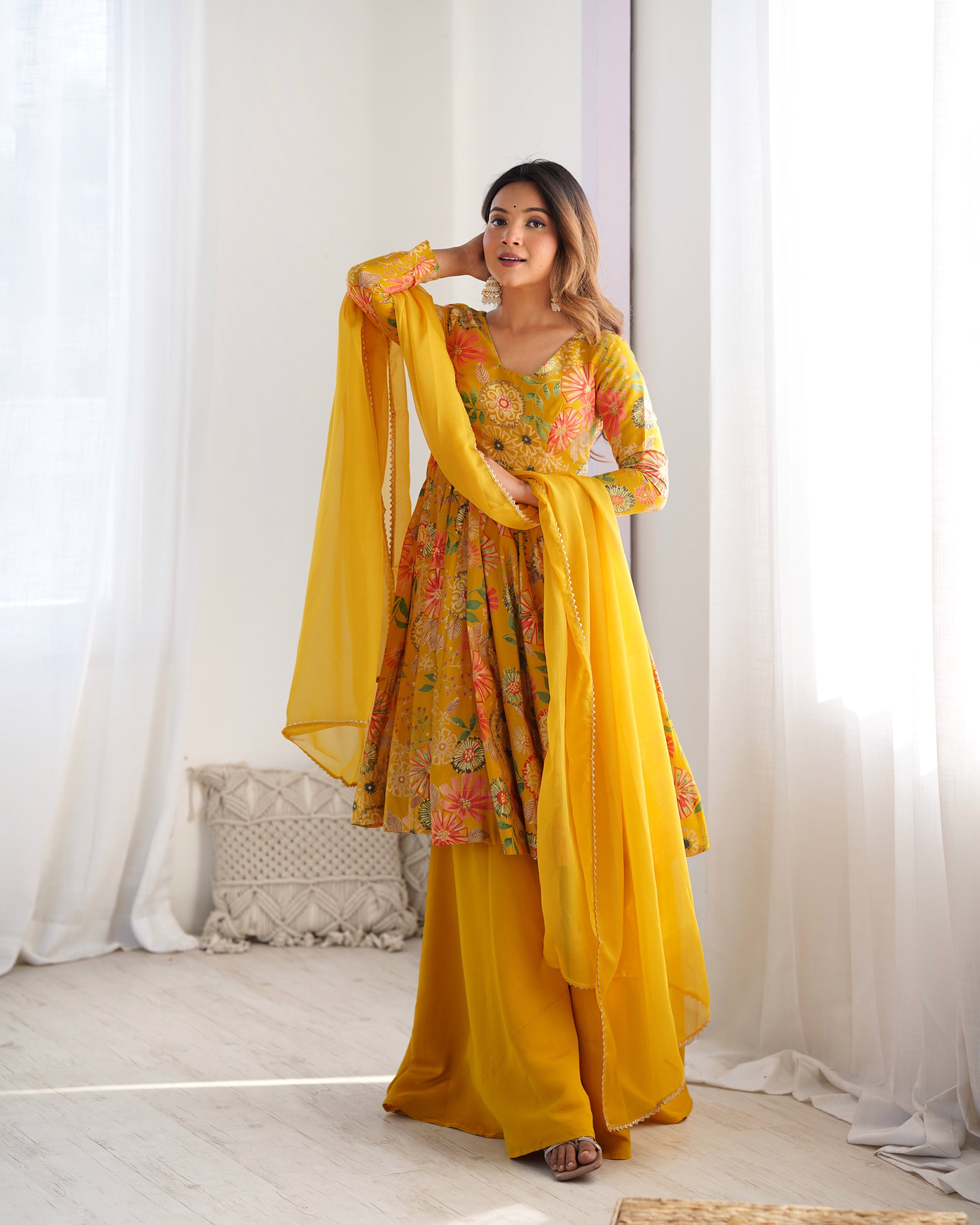 Yellow Pure Soft Roman Silk Kediya Kurta Palazzo Set - Ethnicwish