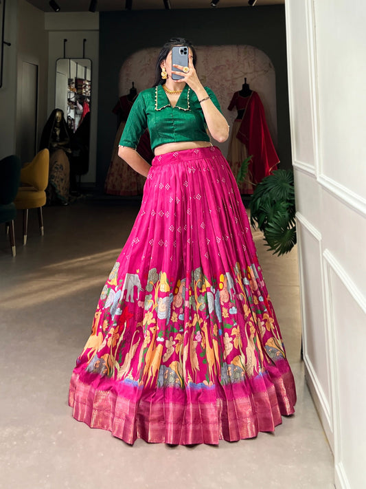 Magnificent Kalamkari Printed Zari Weaving Border Dola Silk Lehenga Choli - ETHNICDEAL