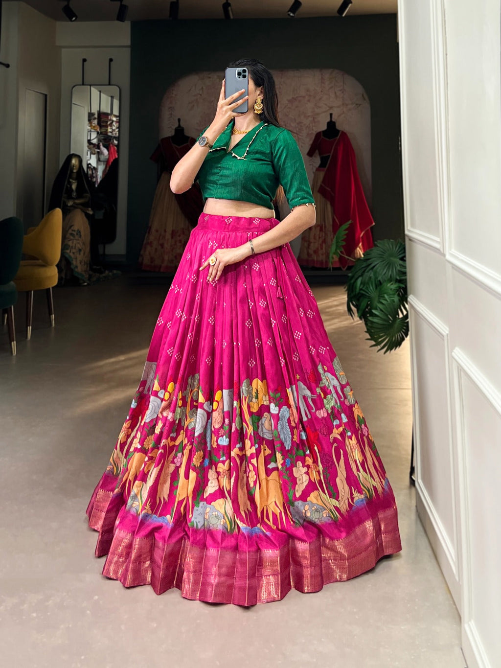 Magnificent Kalamkari Printed Zari Weaving Border Dola Silk Lehenga Choli - ETHNICDEAL