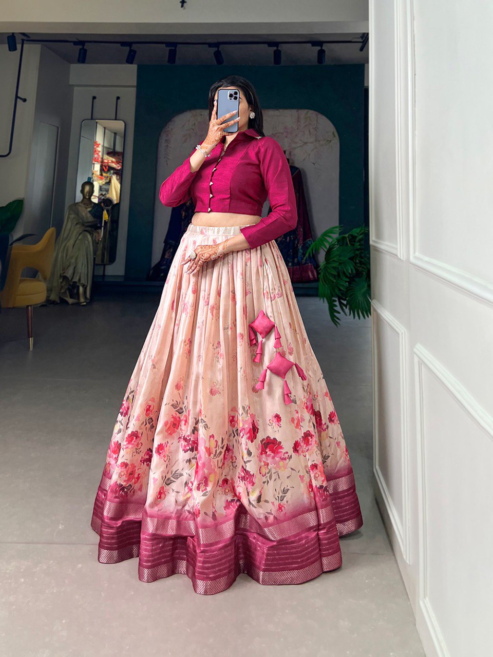 Magnificent Rani Pink Dola Silk Floral Printed Lehenga Choli Set - Ethnicwish