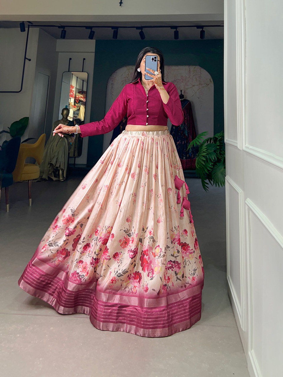 Magnificent Rani Pink Dola Silk Floral Printed Lehenga Choli Set - Ethnicwish