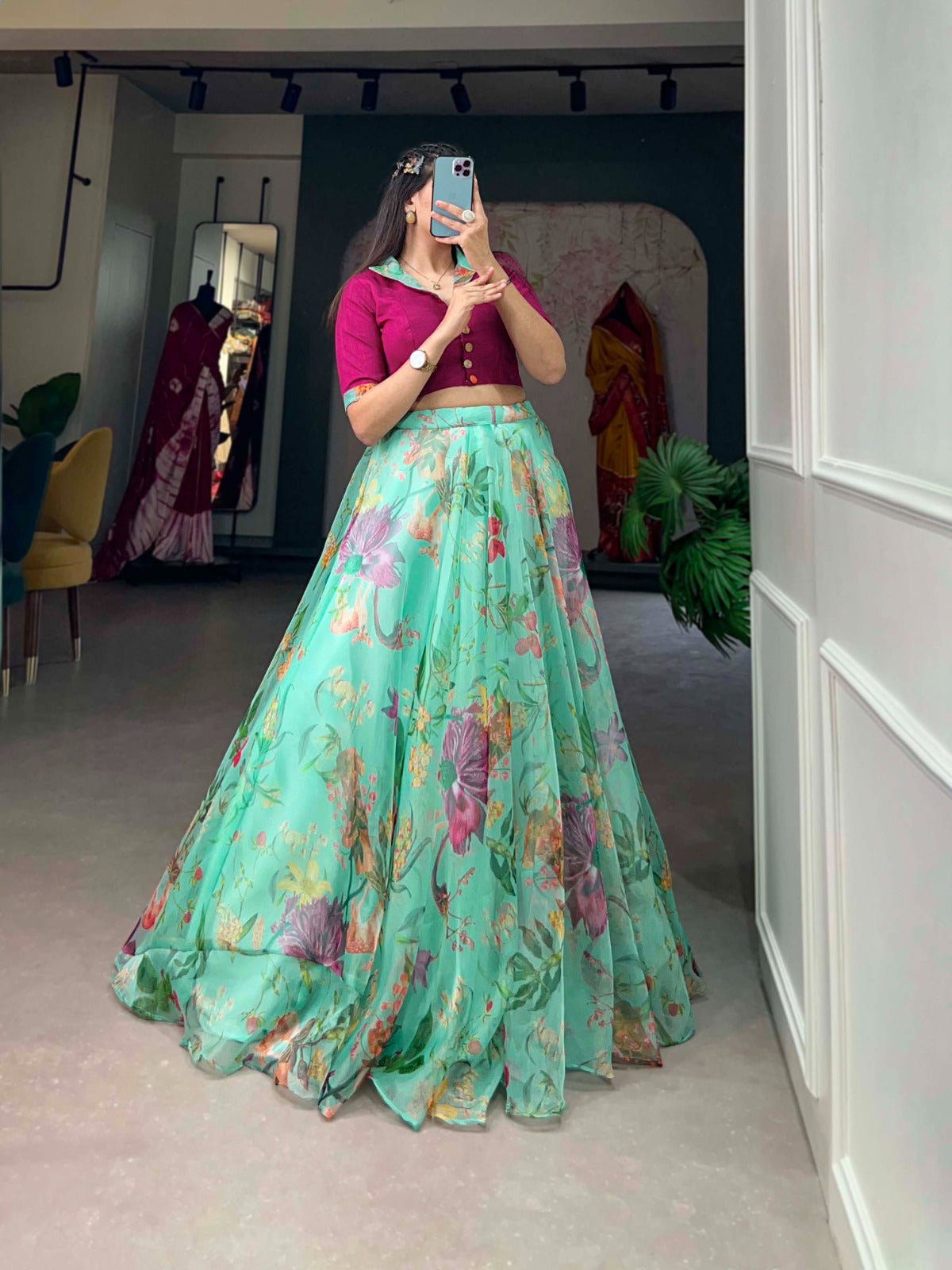 Stunning Organza Floral Digital Printed Lehenga With Blouse - Ethnicwish