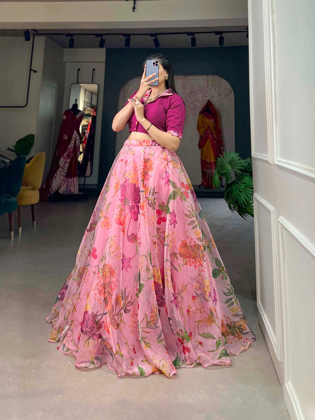Stunning Organza Floral Digital Printed Lehenga With Blouse - Ethnicwish