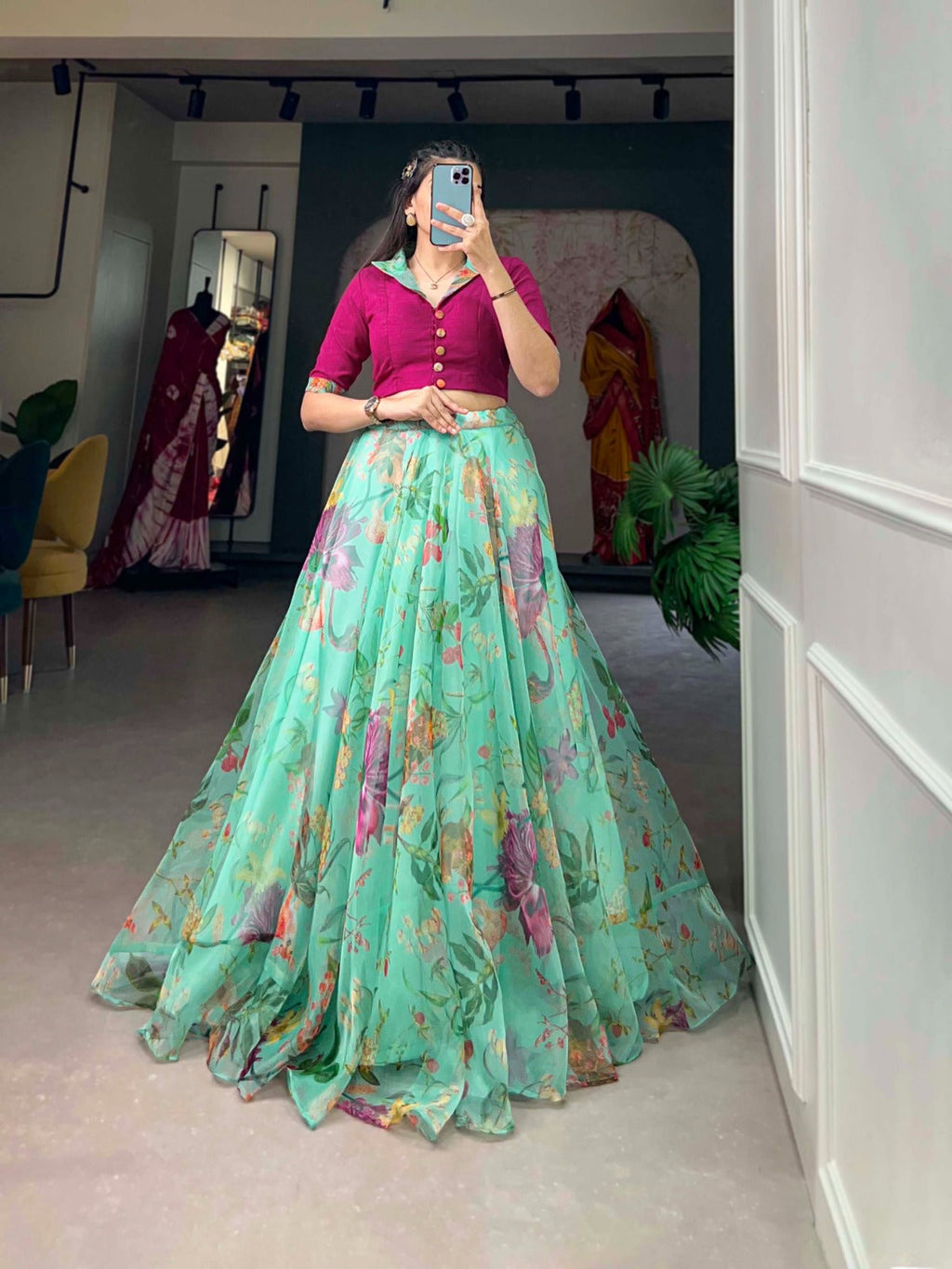 Stunning Organza Floral Digital Printed Lehenga With Blouse - Ethnicwish