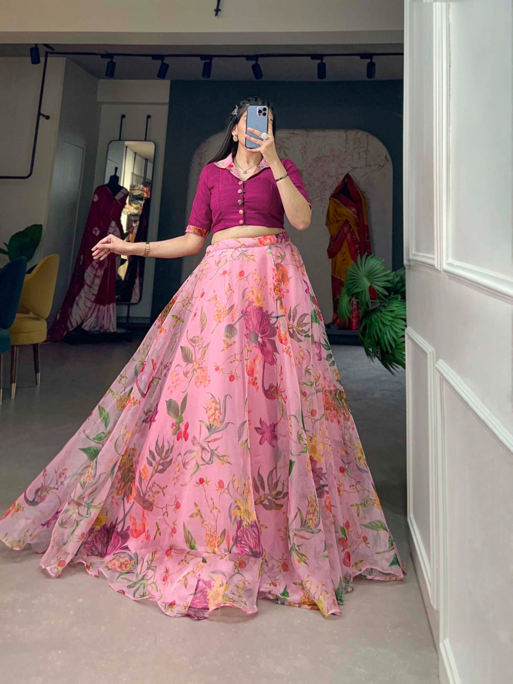 Stunning Organza Floral Digital Printed Lehenga With Blouse - Ethnicwish