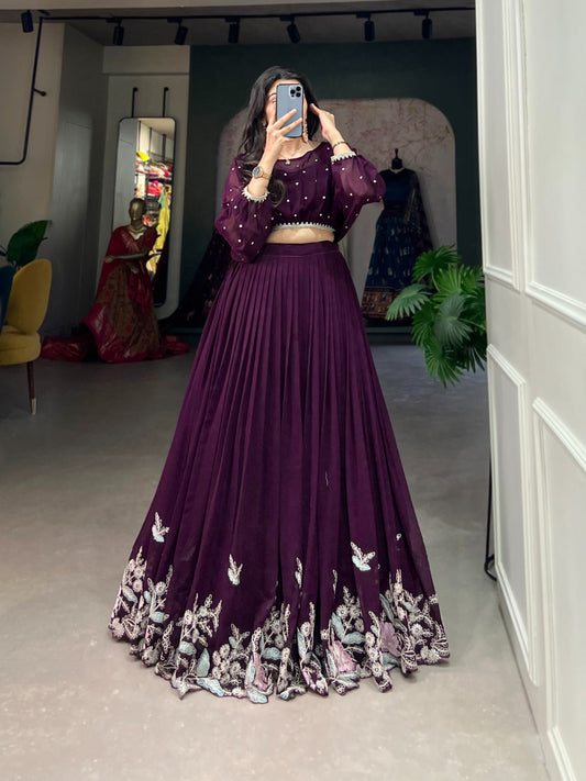 Elegant Georgette Sequins Butti Lace Border Worked Top Lehenga Set - Ethnicwish