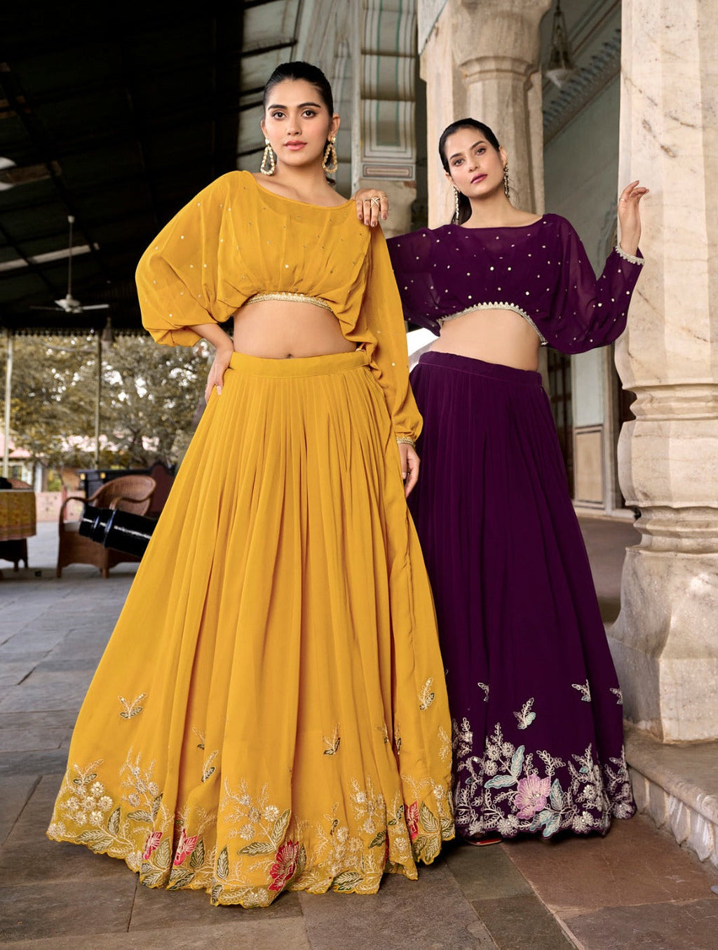 Elegant Georgette Sequins Butti Lace Border Worked Top Lehenga Set - Ethnicwish