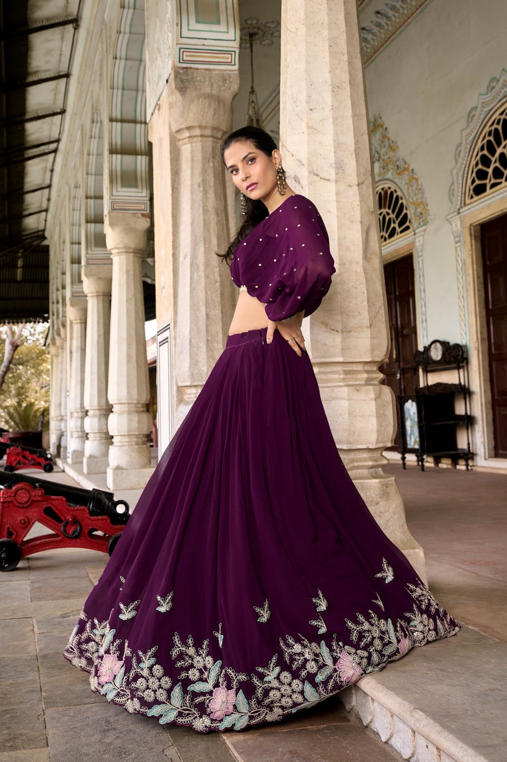 Elegant Georgette Sequins Butti Lace Border Worked Top Lehenga Set - Ethnicwish