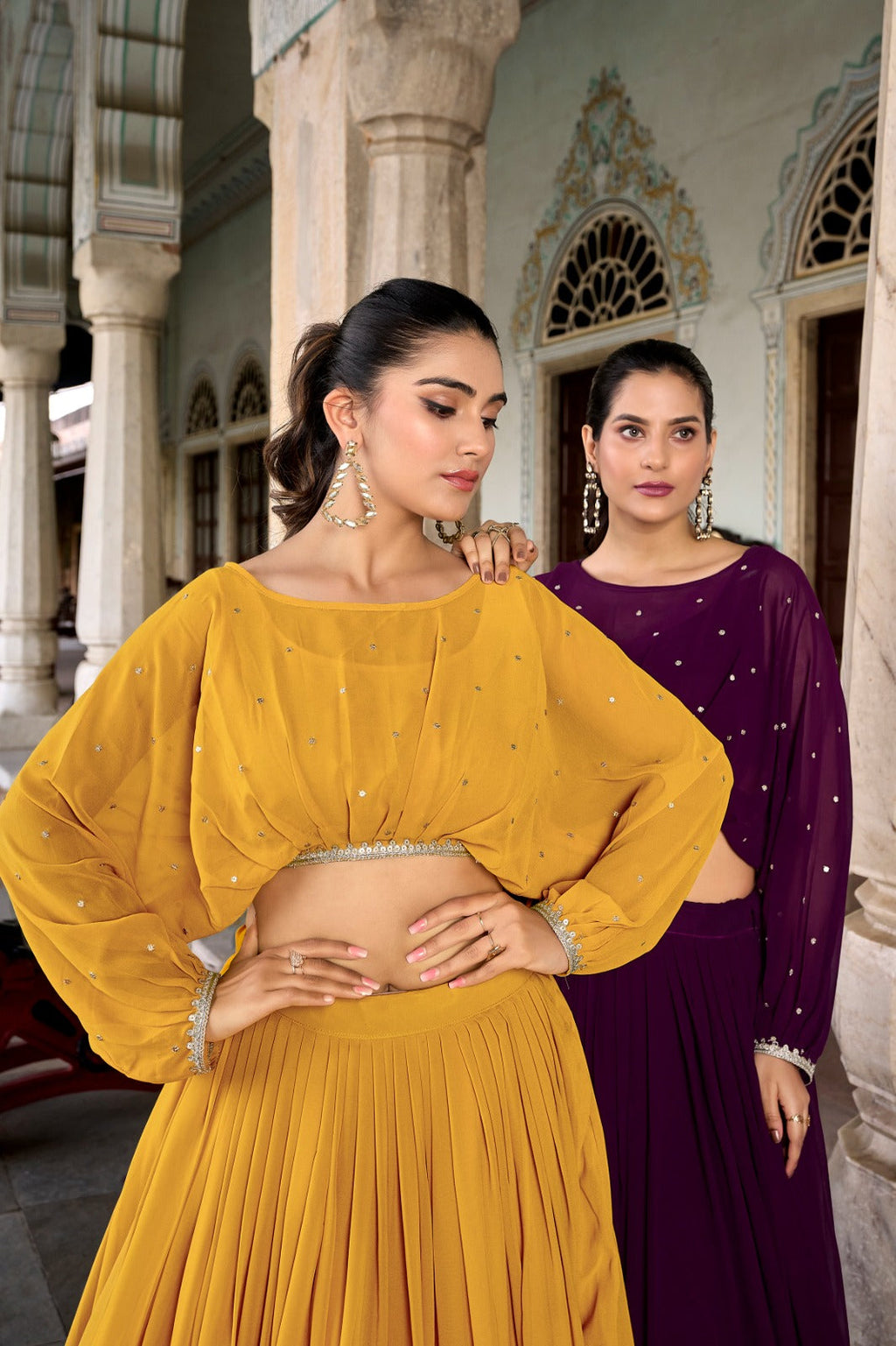 Elegant Georgette Sequins Butti Lace Border Worked Top Lehenga Set - Ethnicwish