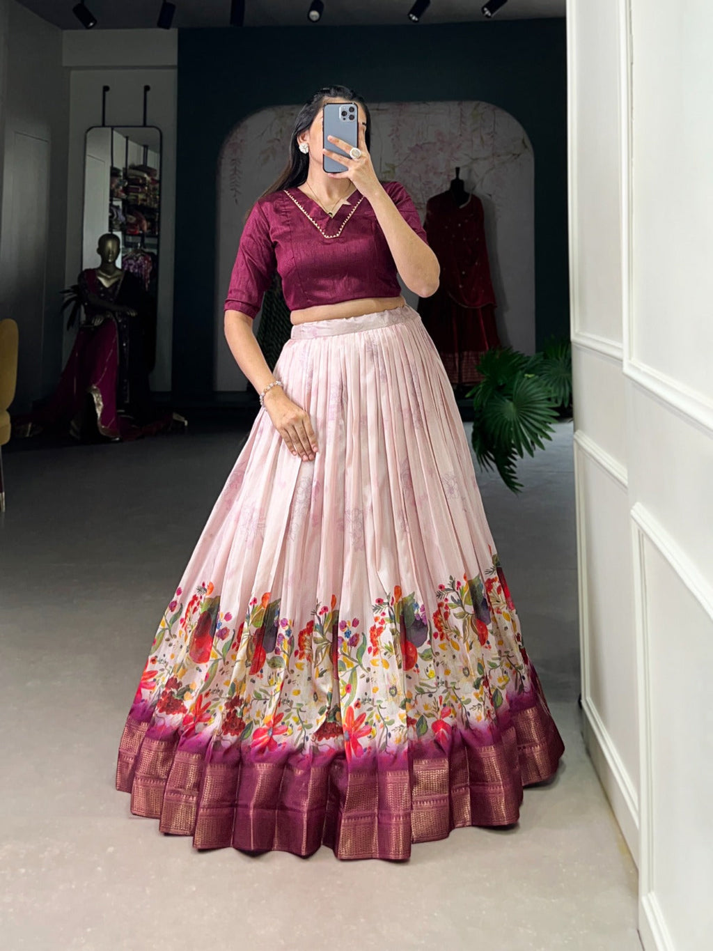 Dashing Cotton Silk Floral Printed Zari Border Worked Lehenga Choli - Ethnicwish