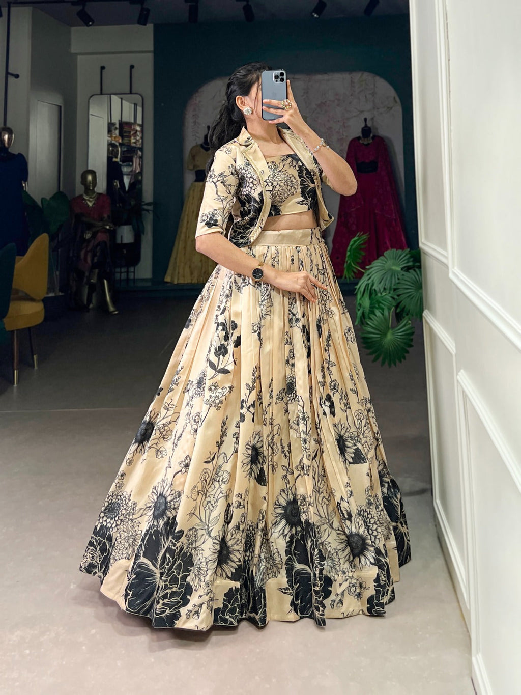 Exquisite Tussar Silk Floral Printed Lehenga Choli  Koti Set - Ethnicwish