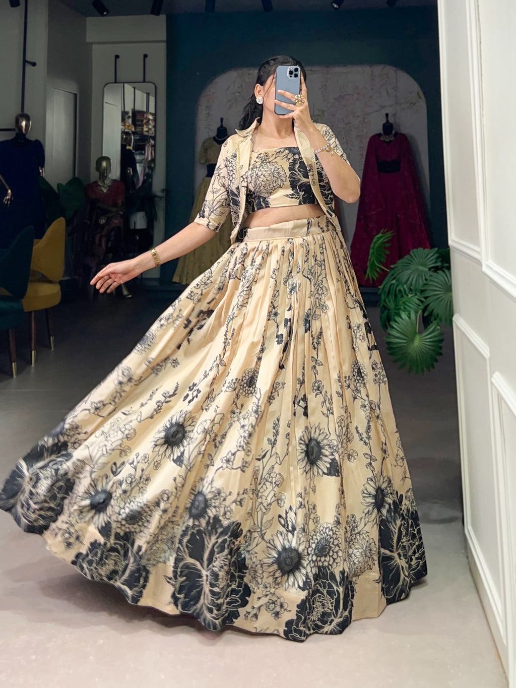 Exquisite Tussar Silk Floral Printed Lehenga Choli  Koti Set - Ethnicwish