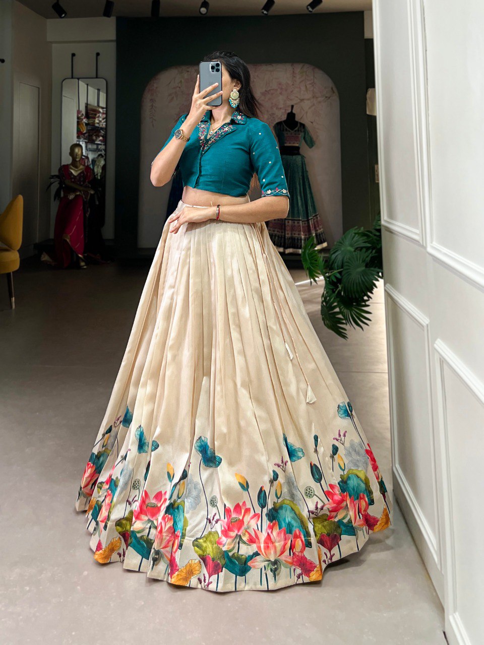 Lovely Tussar Silk Floral Digital Printed Lehenga With Stitched Blouse - Ethnicwish