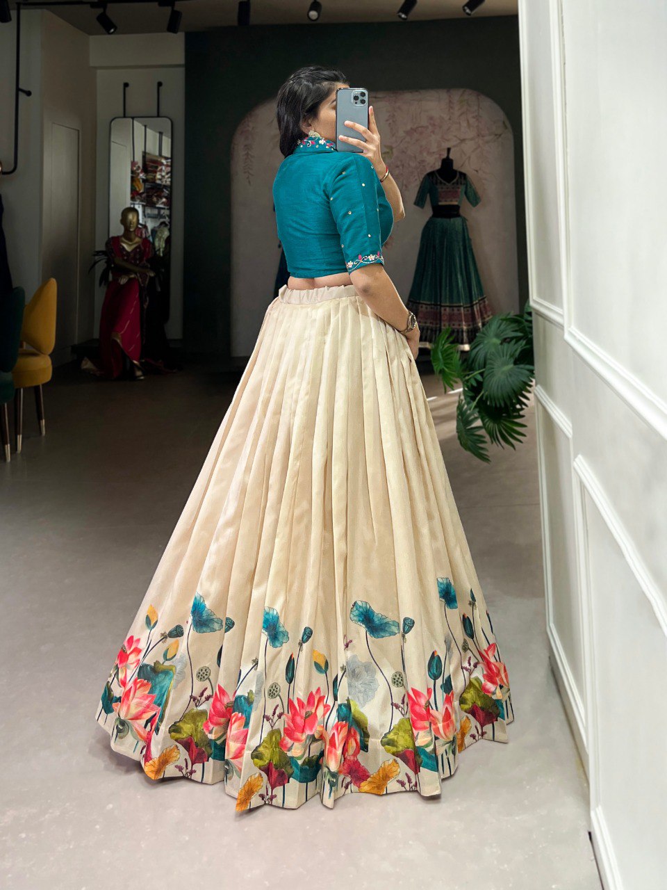 Lovely Tussar Silk Floral Digital Printed Lehenga With Stitched Blouse - Ethnicwish