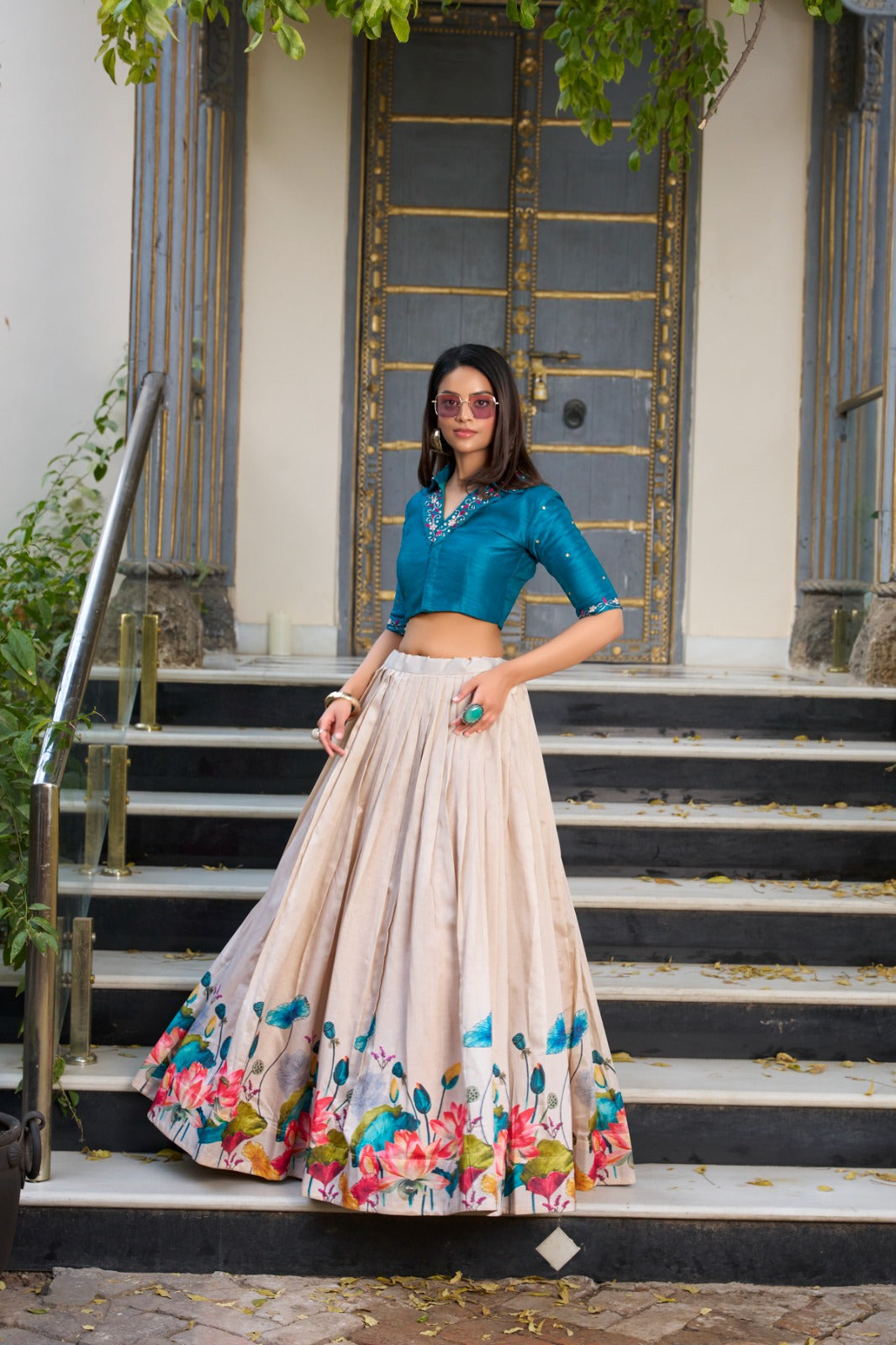 Lovely Tussar Silk Floral Digital Printed Lehenga With Stitched Blouse - ETHNICDEAL