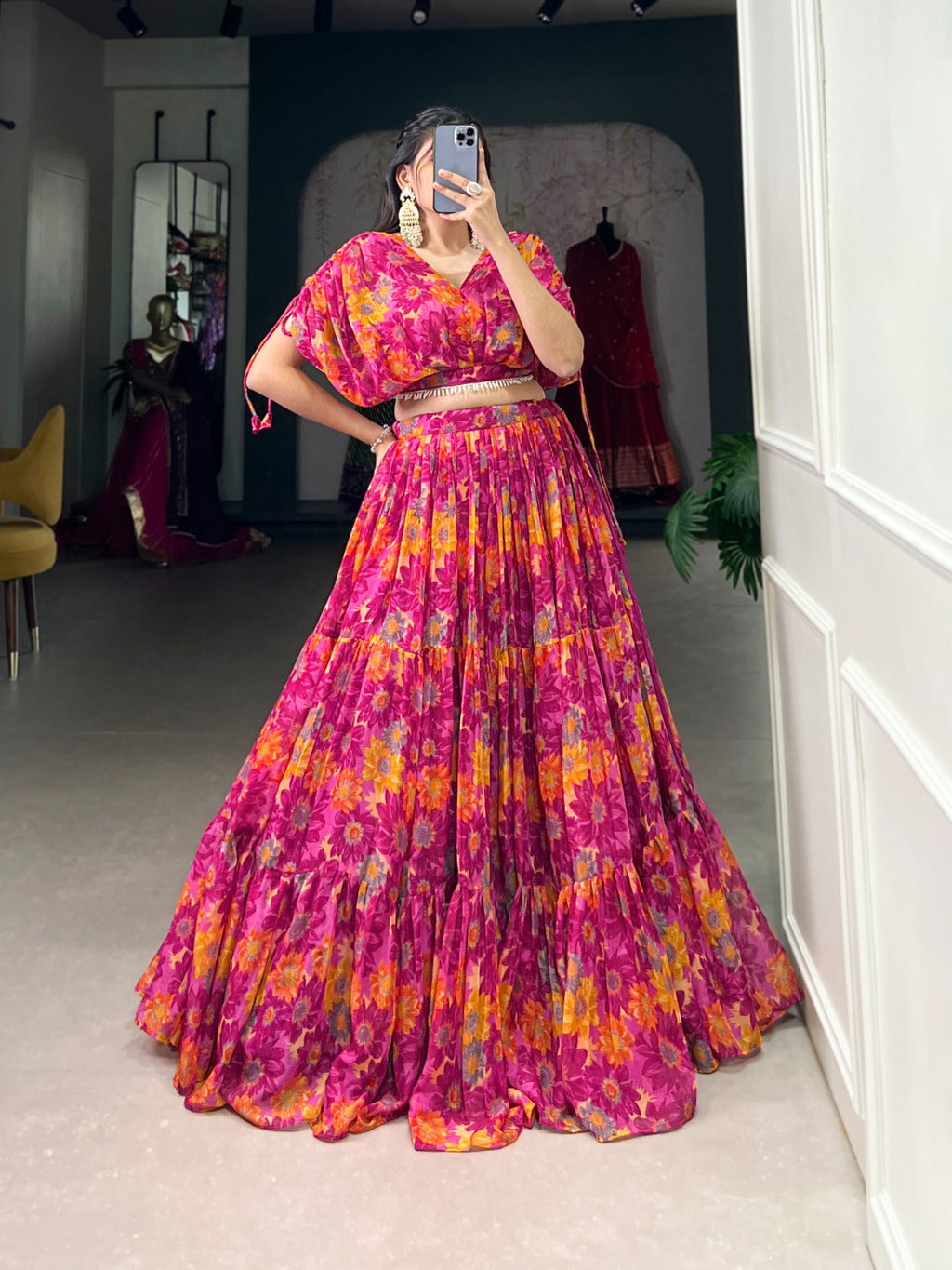 Alluring Pink Soft Chiffon Floral Printed Lehenga With Blouse Set - Ethnicwish