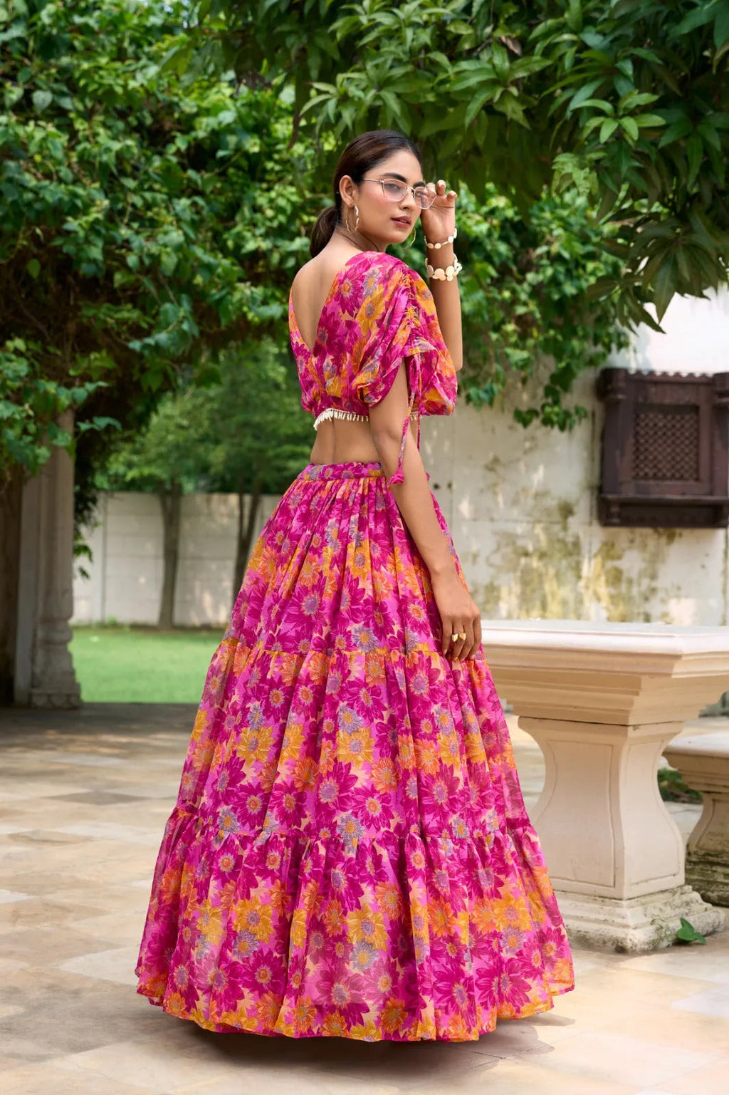 Alluring Pink Soft Chiffon Floral Printed Lehenga With Blouse Set - Ethnicwish