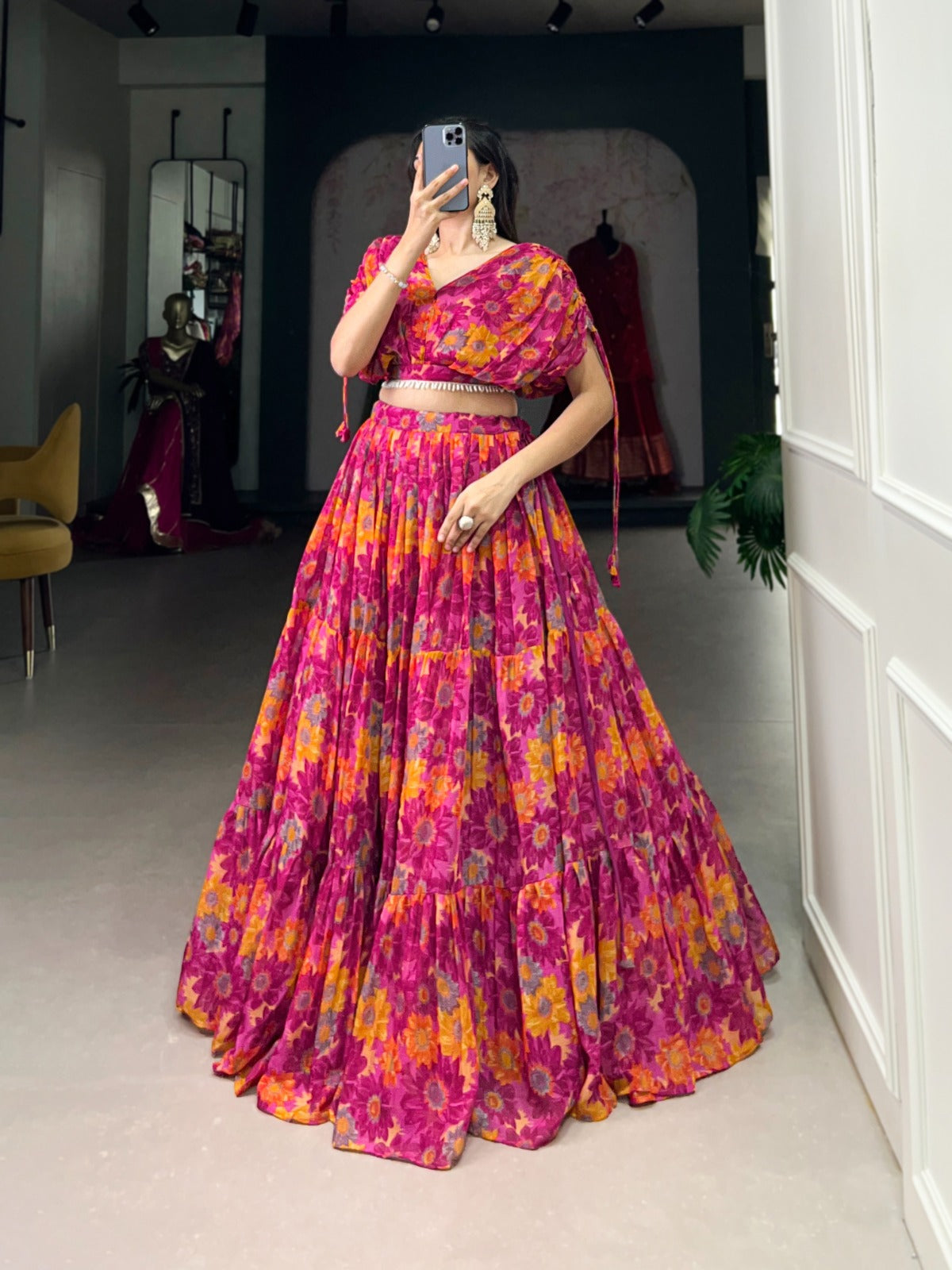 Alluring Pink Soft Chiffon Floral Printed Lehenga With Blouse Set - Ethnicwish