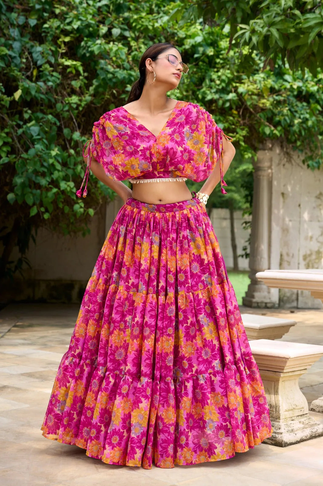 Alluring Pink Soft Chiffon Floral Printed Lehenga With Blouse Set - Ethnicwish