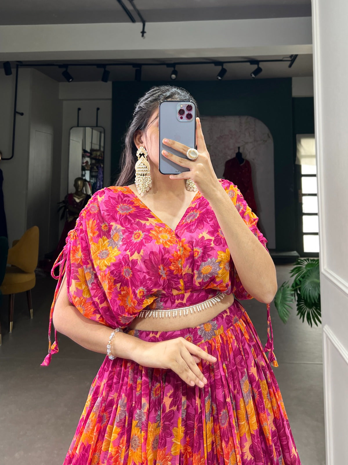 Alluring Pink Soft Chiffon Floral Printed Lehenga With Blouse Set - Ethnicwish