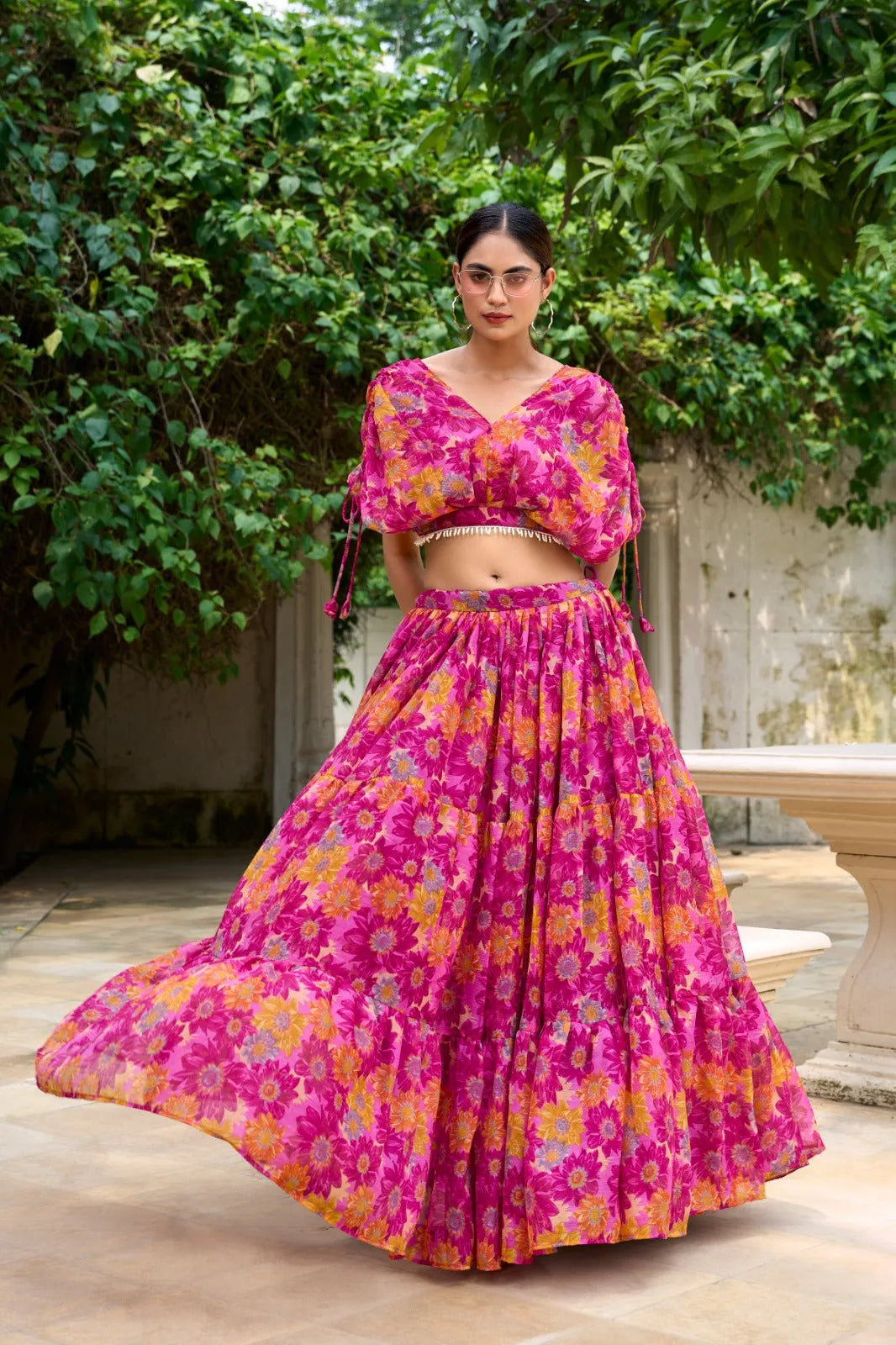Alluring Pink Soft Chiffon Floral Printed Lehenga With Blouse Set - Ethnicwish