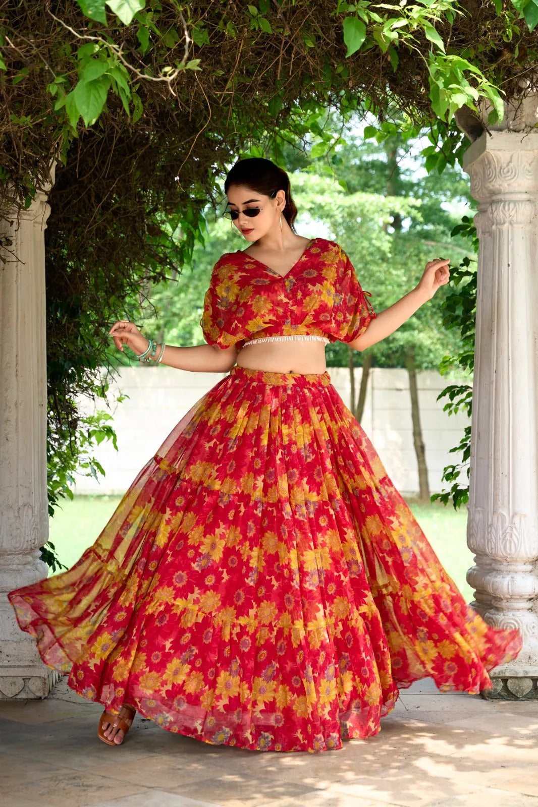 Sublime Red Soft Chiffon Floral Printed Lehenga With Blouse Set - Ethnicwish