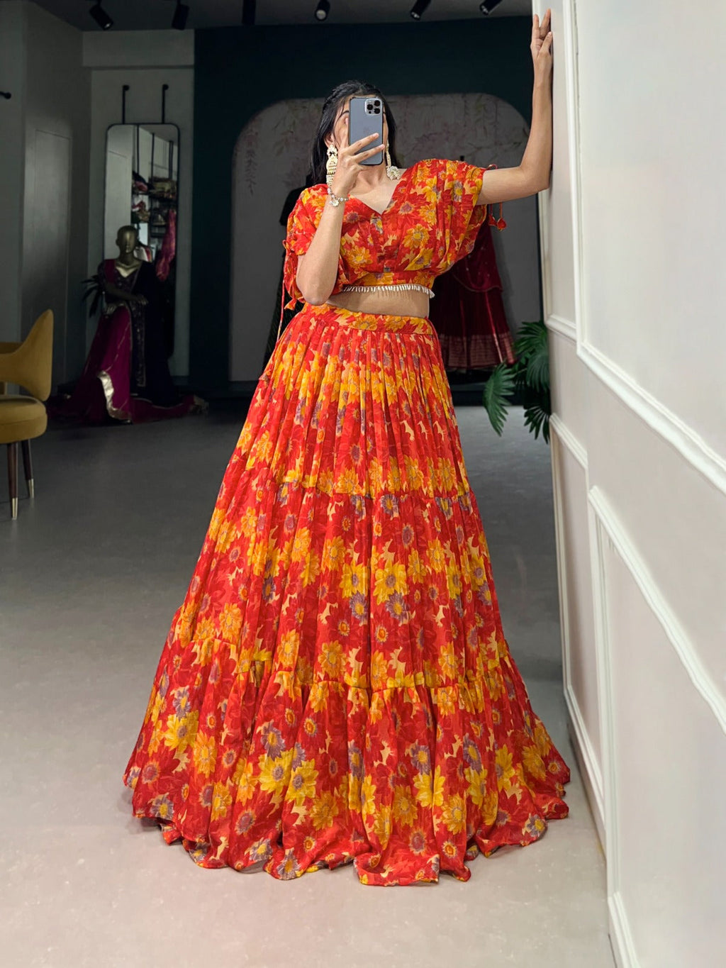 Sublime Red Soft Chiffon Floral Printed Lehenga With Blouse Set - Ethnicwish