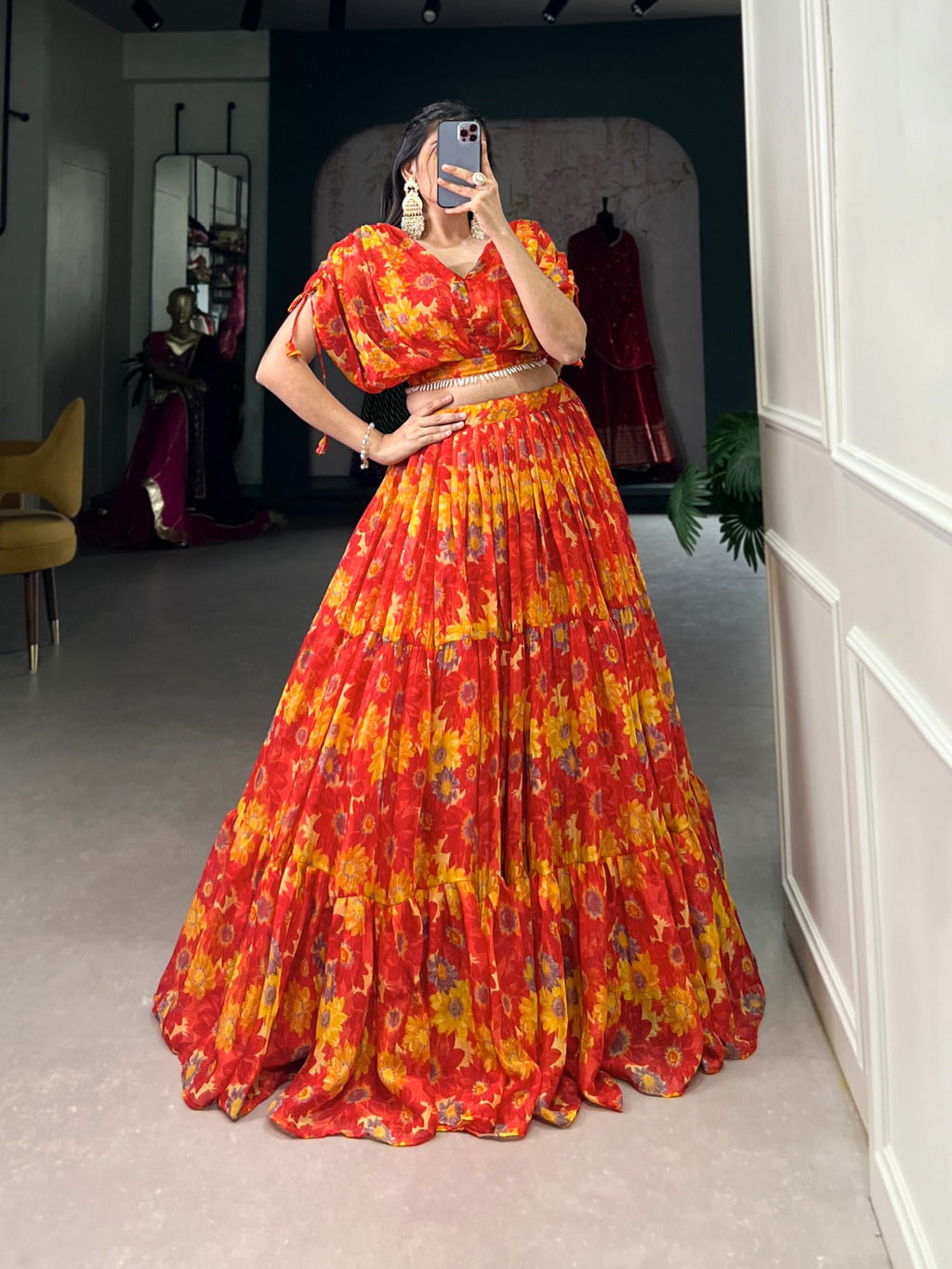 Sublime Red Soft Chiffon Floral Printed Lehenga With Blouse Set - Ethnicwish