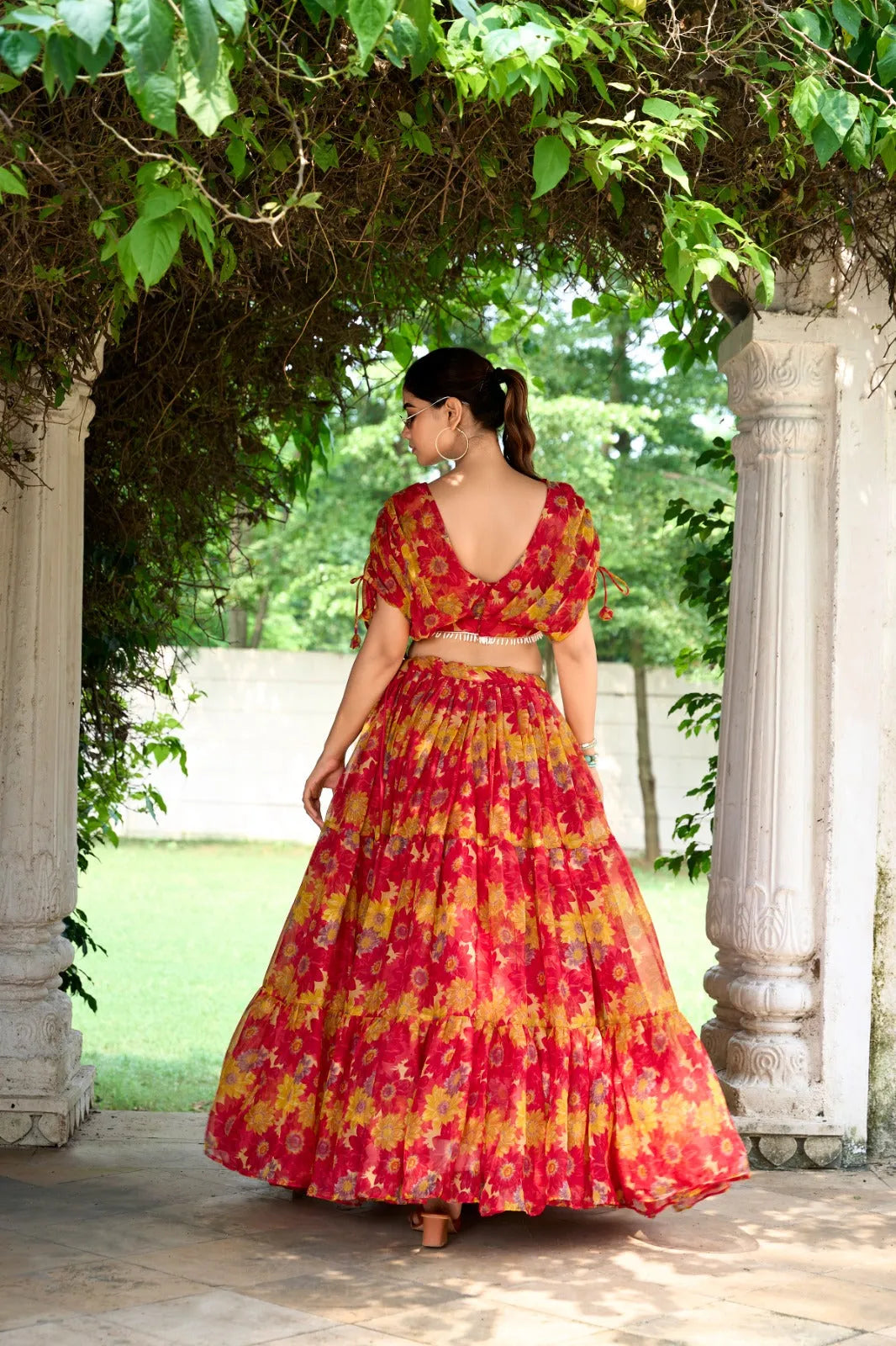 Sublime Red Soft Chiffon Floral Printed Lehenga With Blouse Set - Ethnicwish