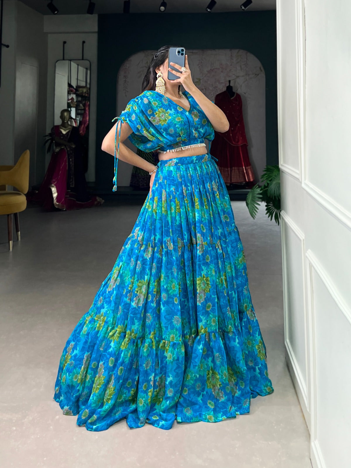 Luminous Sky Blue Soft Chiffon Floral Printed Lehenga With Blouse Set - Ethnicwish