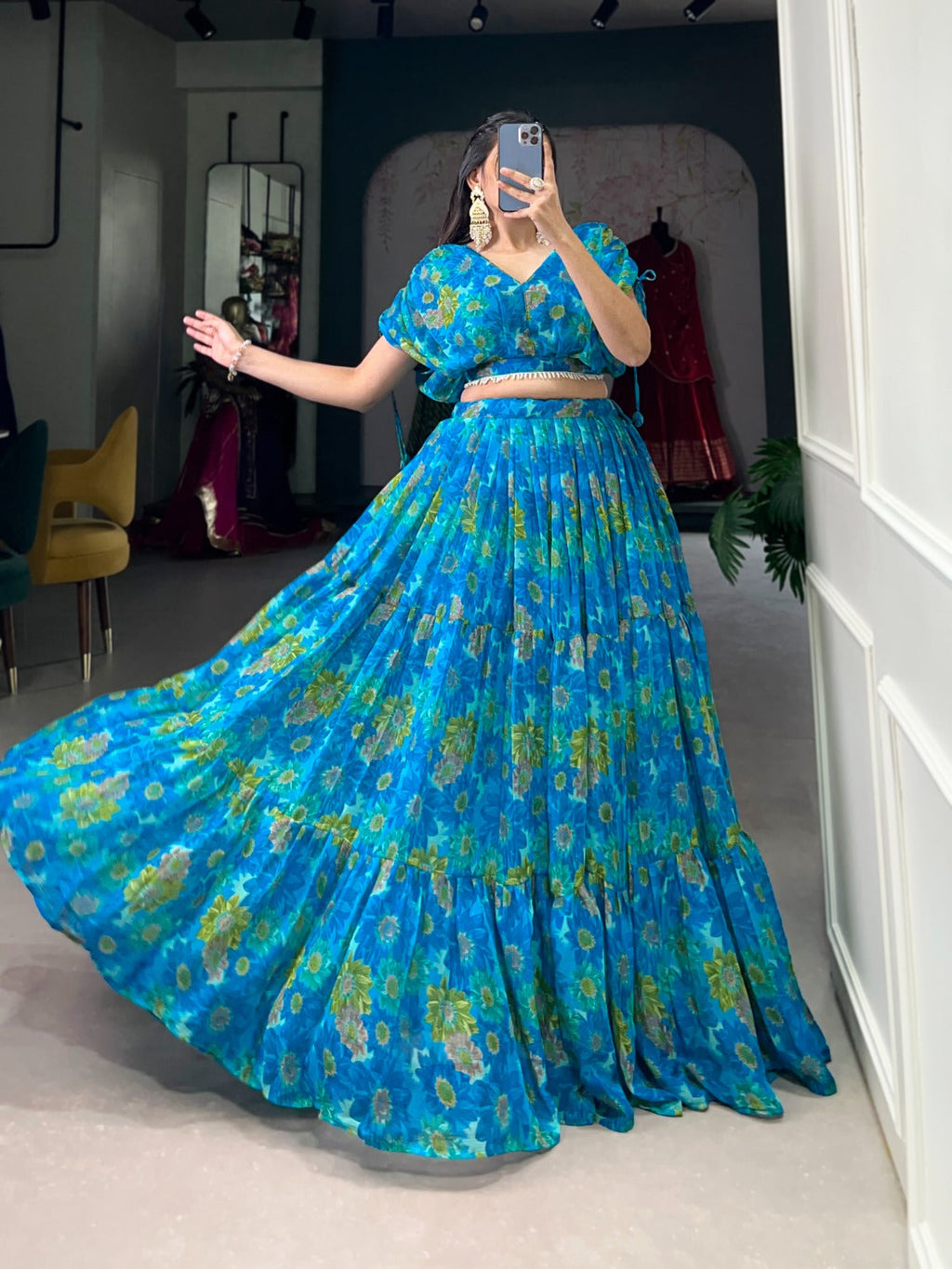 Luminous Sky Blue Soft Chiffon Floral Printed Lehenga With Blouse Set - Ethnicwish