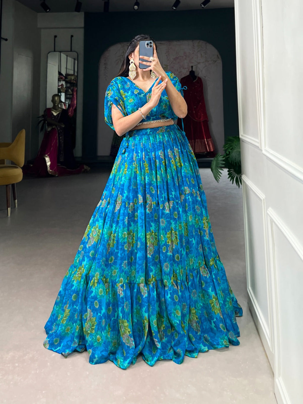 Luminous Sky Blue Soft Chiffon Floral Printed Lehenga With Blouse Set - Ethnicwish