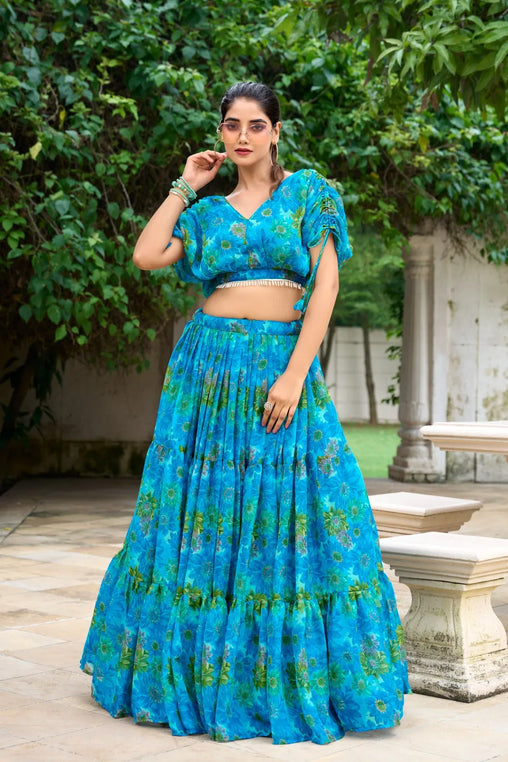 Luminous Sky Blue Soft Chiffon Floral Printed Lehenga With Blouse Set - Ethnicwish