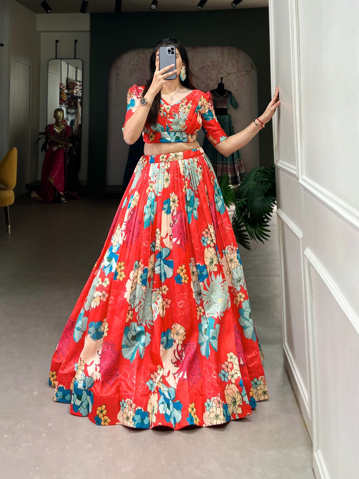 Ravishing Red Floral Printed Tussar Silk Lehenga Choli Set - Ethnicwish