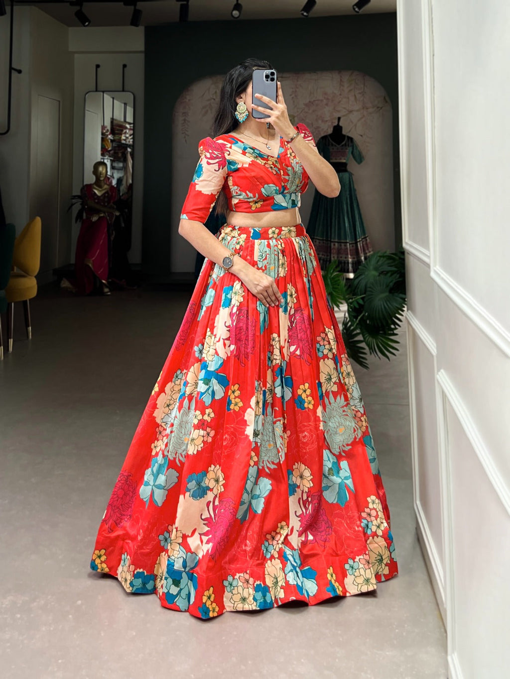 Ravishing Red Floral Printed Tussar Silk Lehenga Choli Set - Ethnicwish