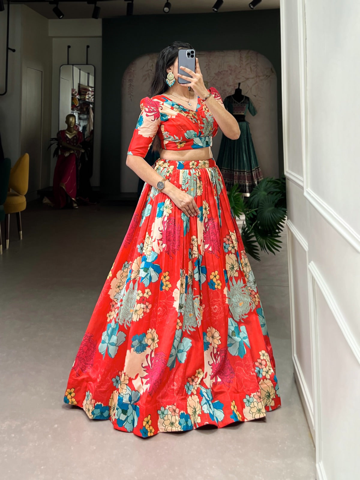 Ravishing Red Floral Printed Tussar Silk Lehenga Choli Set - Ethnicwish