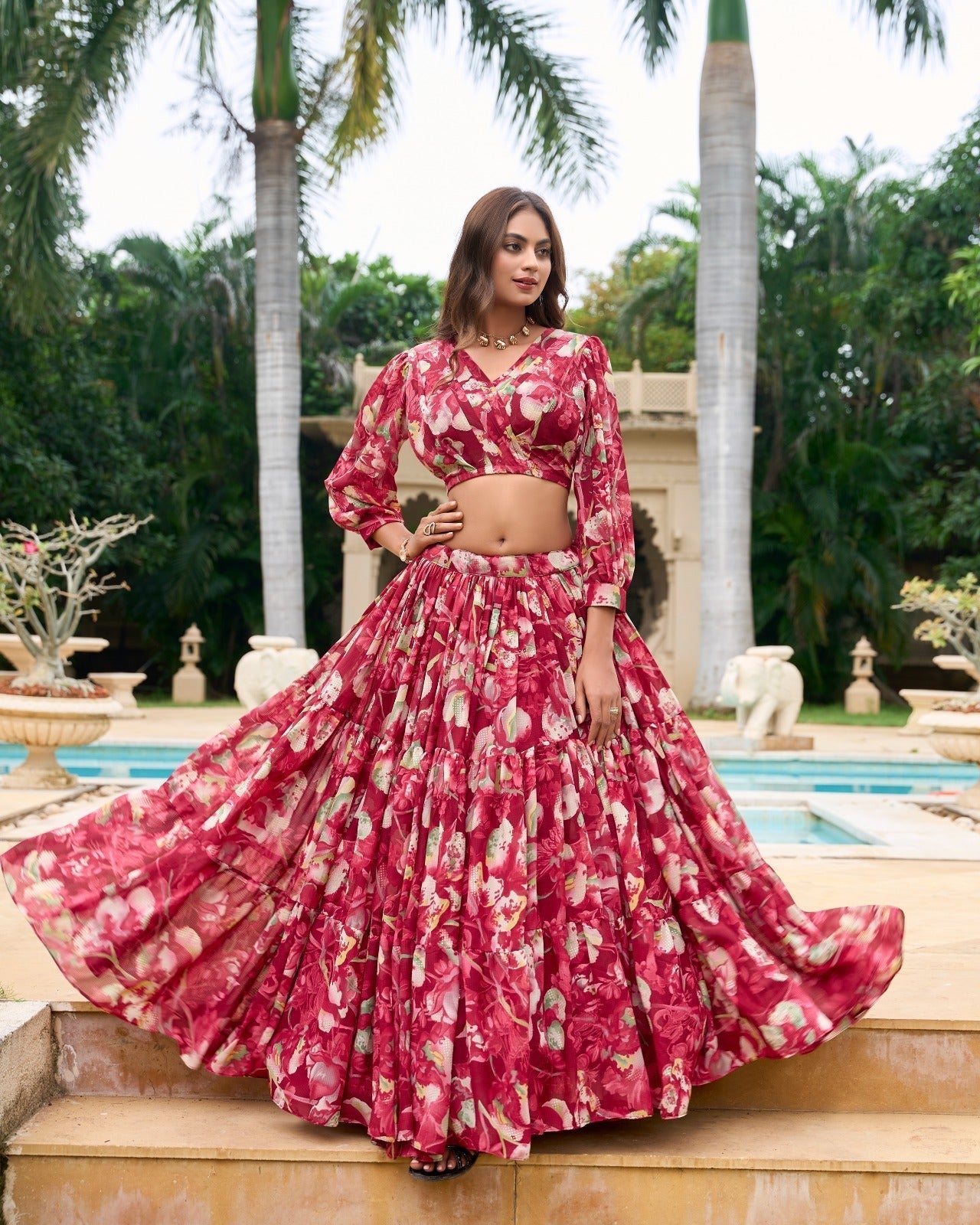Stunning Georgette Floral Digital Printed Lehenga With Stitched Blouse - Ethnicwish
