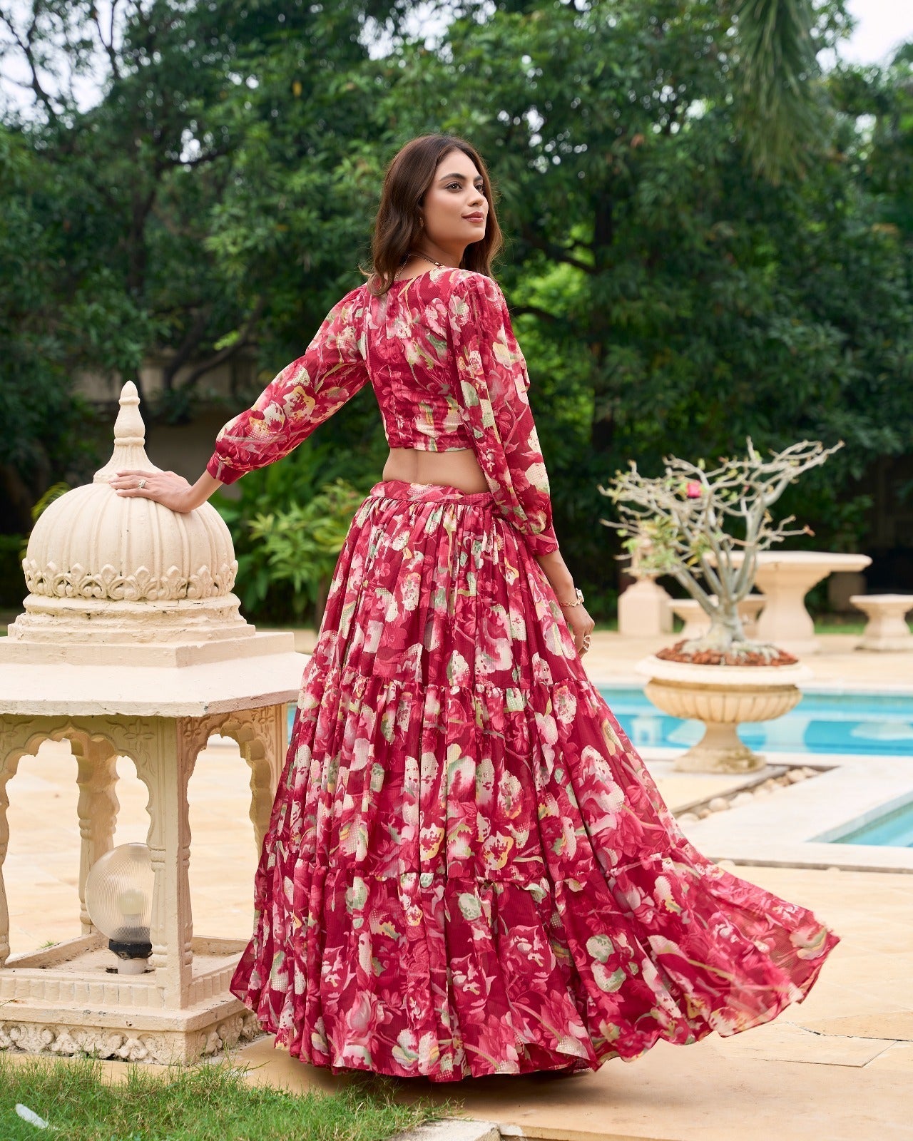 Stunning Georgette Floral Digital Printed Lehenga With Stitched Blouse - Ethnicwish
