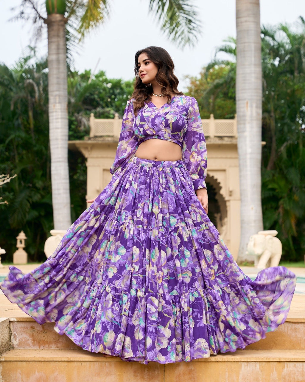 Stunning Georgette Floral Digital Printed Lehenga With Stitched Blouse - Ethnicwish