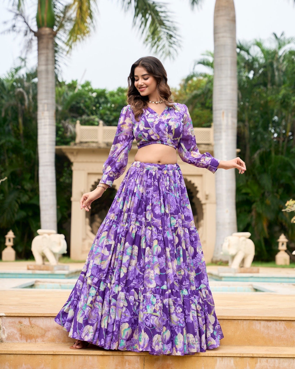 Stunning Georgette Floral Digital Printed Lehenga With Stitched Blouse - Ethnicwish