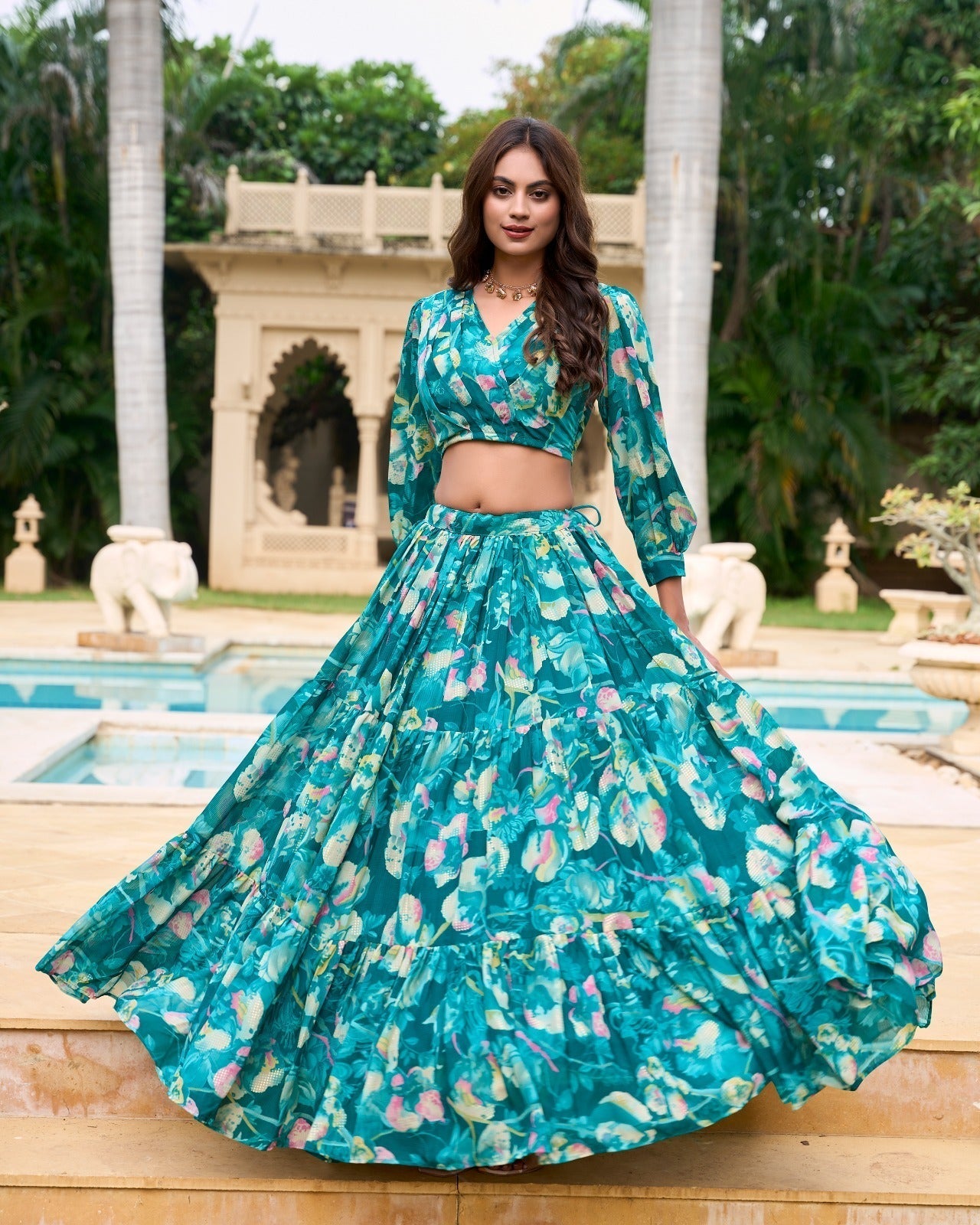 Stunning Georgette Floral Digital Printed Lehenga With Stitched Blouse - Ethnicwish