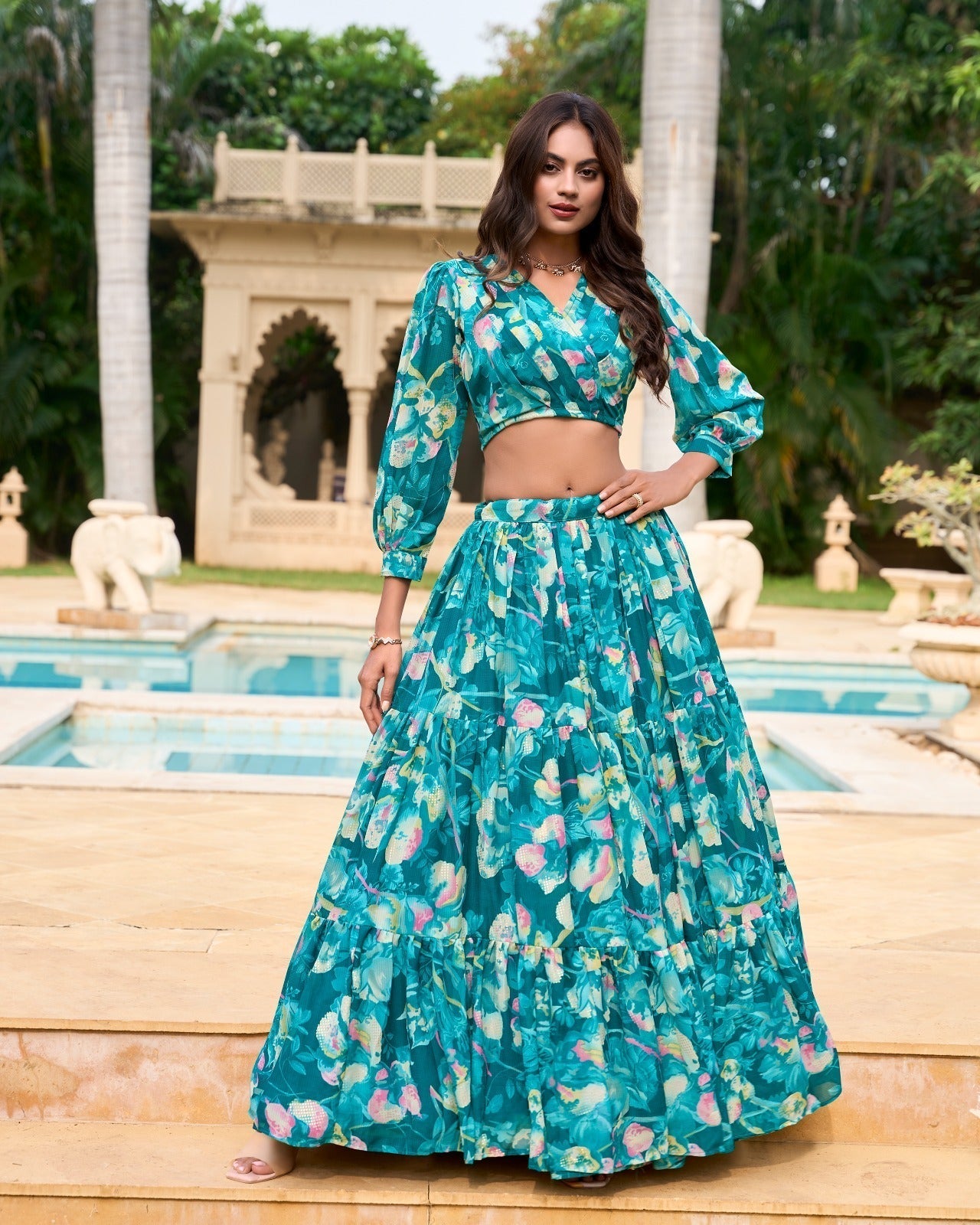 Stunning Georgette Floral Digital Printed Lehenga With Stitched Blouse - Ethnicwish