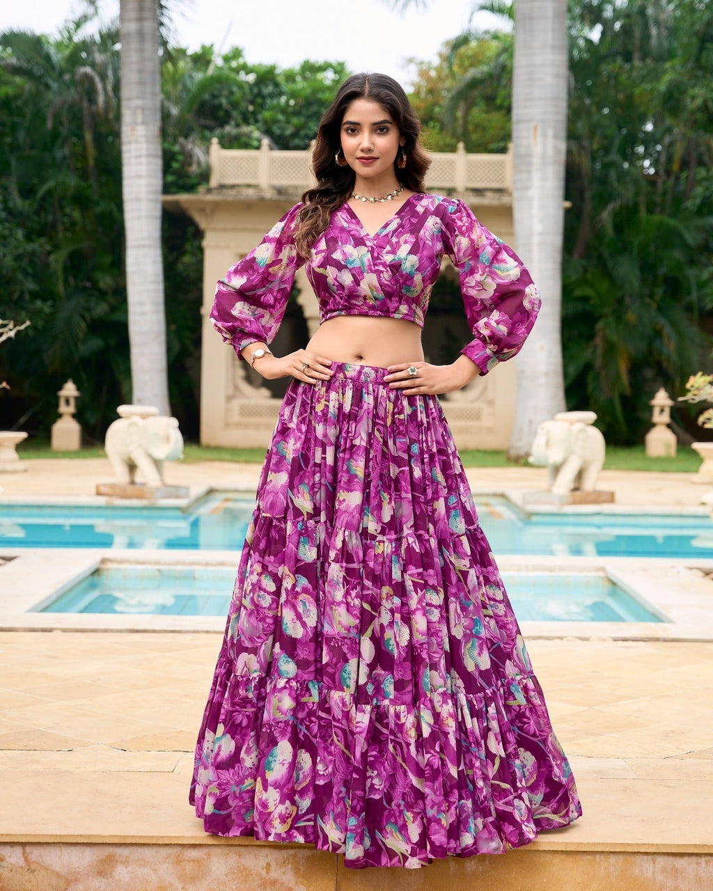 Stunning Georgette Floral Digital Printed Lehenga With Stitched Blouse - Ethnicwish