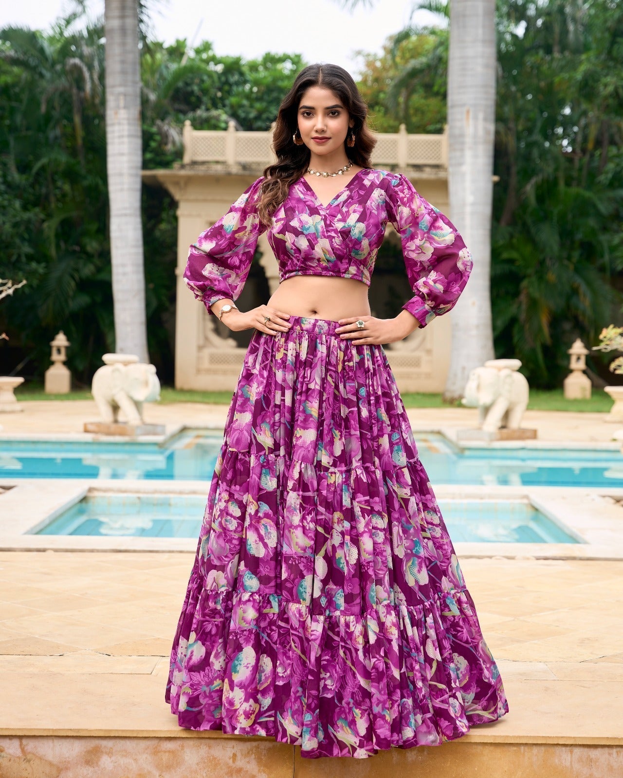 Stunning Georgette Floral Digital Printed Lehenga With Stitched Blouse - Ethnicwish